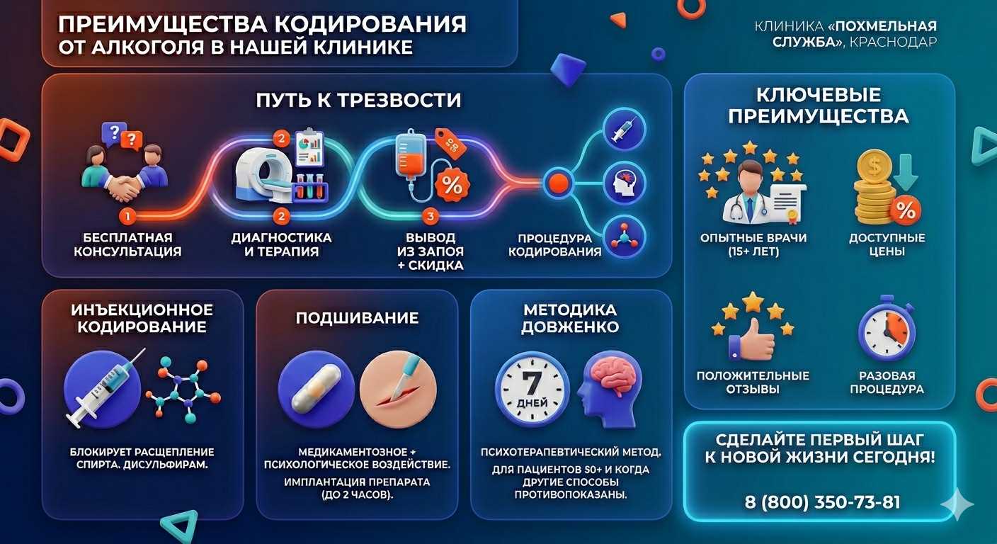 Инфографика о методах кодирования от алкоголя в Увельском: инъекции, подшивание, метод Довженко. Преимущества клиники и этапы лечения.